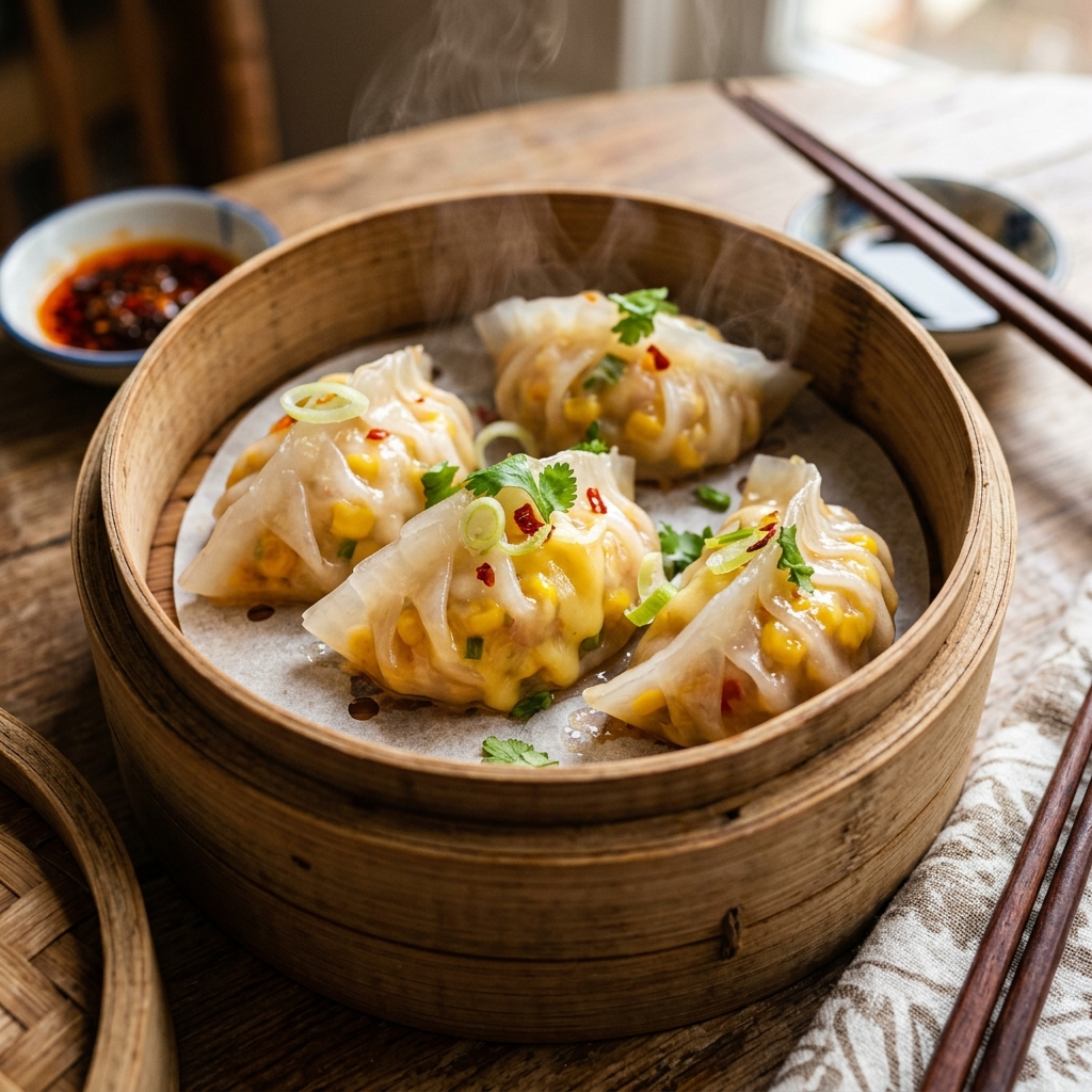 Steaming Chilli Cheese Corn Dim Sum in a bamboo basket