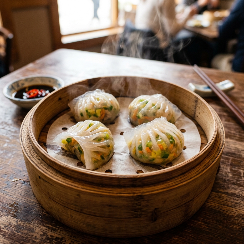 Translucent Crystal Veg Dim Sum showing fillings