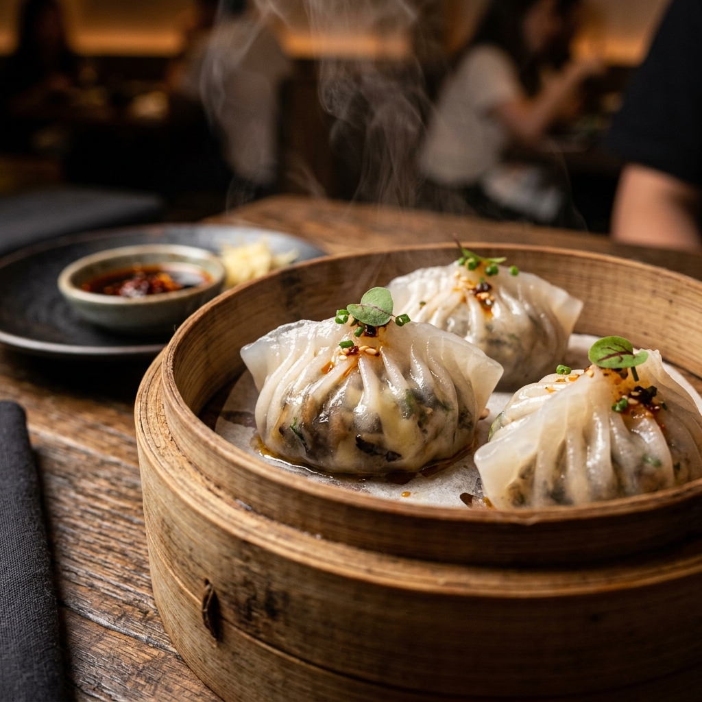 Steaming Mushroom Cheese Dim Sum in a steamer